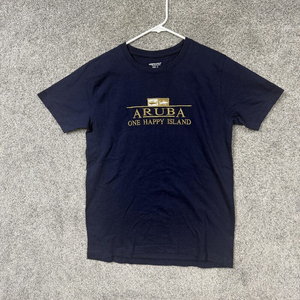 Aruba One Happy Island T-Shirt Mens Small Blue Gold Travel Souvenir Graphic Tee